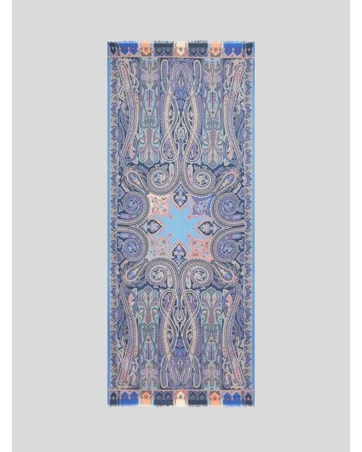 Etro Blue Fringed Paisley Scarf