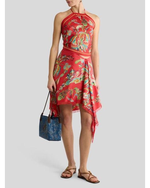 Etro Red Silk Top With Halterneck And Paisley Foliage Motif