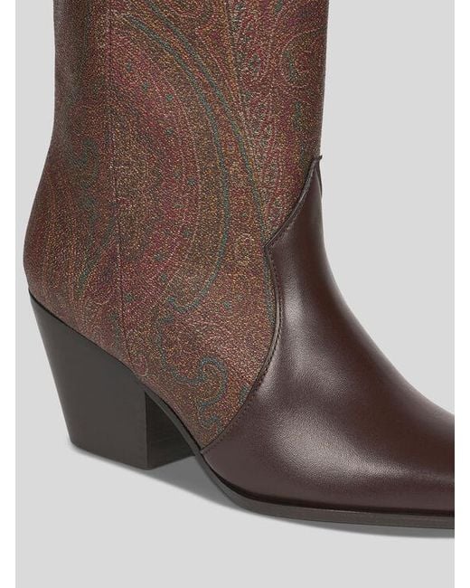Etro Brown Paisley Jacquard And Leather Boots