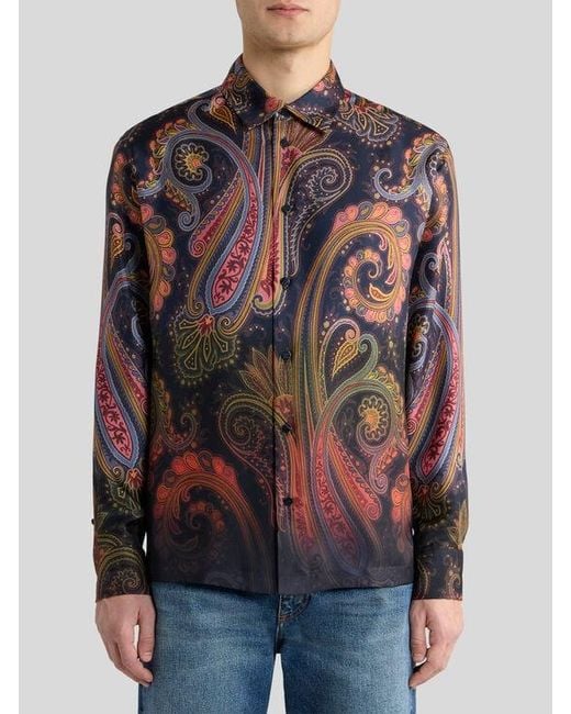 Etro Brown Silk Twill Shirt With Placed Degradé Paisley Print for men