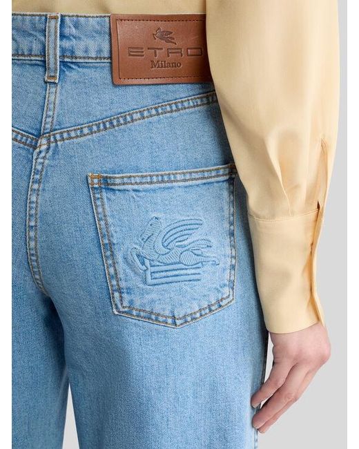 Etro Blue Flared Stretch Cotton Denim Jeans With Embroidered Logo