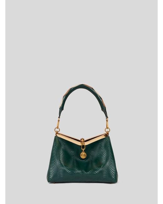 Etro Green Medium Vela Bag With Wavy Motif And Clutch