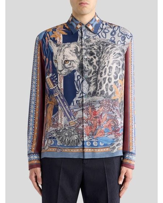 Etro Blue Silk Shirt With Placed Leopard Print for men