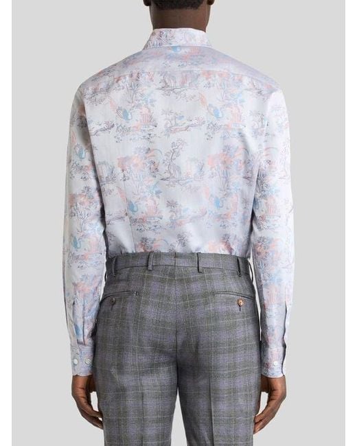 Etro Blue Cotton Jacquard Shirt With Flower And Animal Motif for men