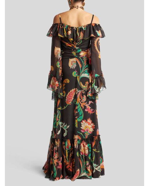 Etro White Long Boho Dress With Floral Print All Over