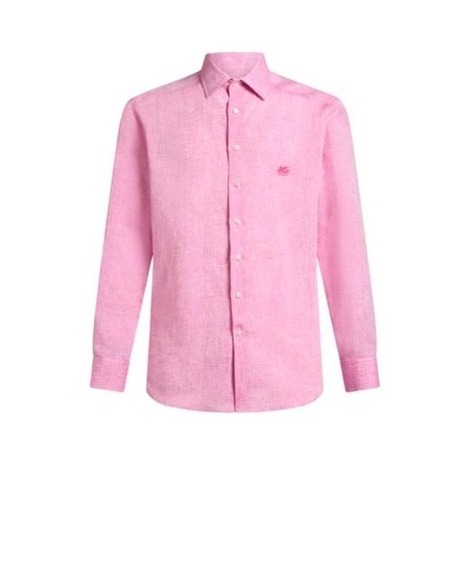 Etro Pink Linen Shirt With Pegaso for men