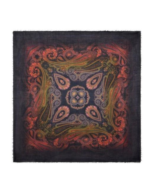 Etro Blue Wool, Cashmere And Silk Shawl With Degradé Motif