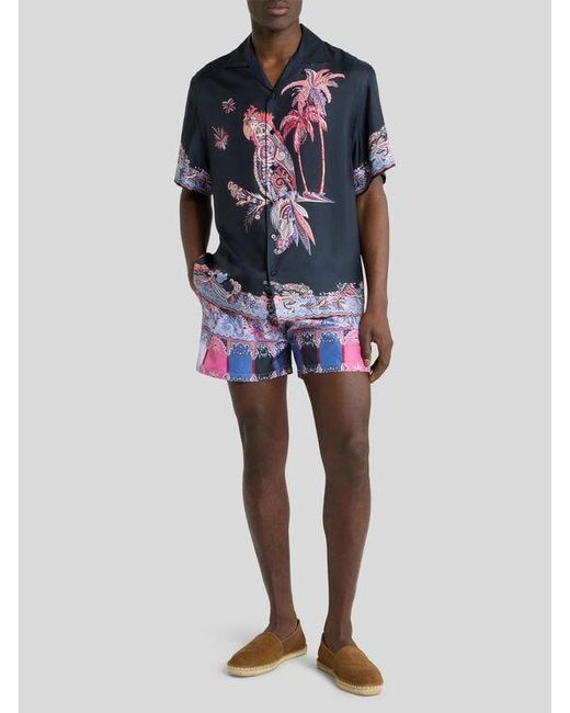 Etro Blue Cotton Bowling Shirt With Placed Parrot Print for men