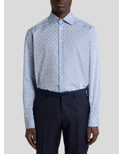 Etro Blue Cotton-Blend Fil Coupé Shirt With Micro Paisley Motif for men