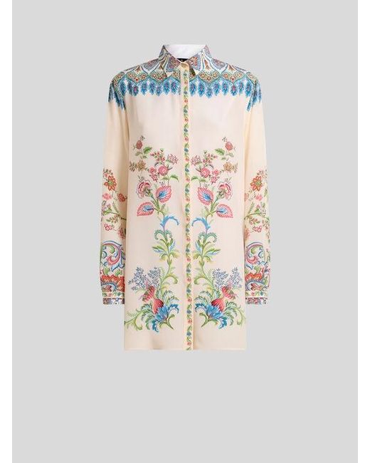 Etro White Long Silk Shirt With Placed Floral Print