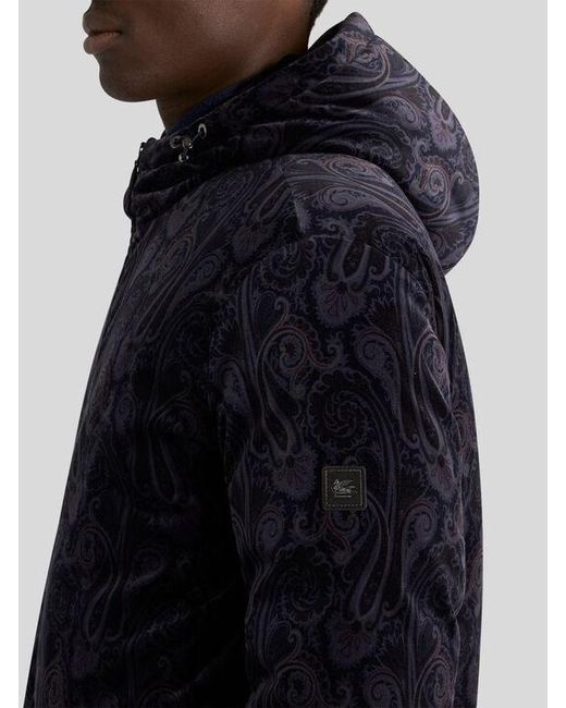 Etro Blue Cotton Velvet Down Jacket With Paisley Motif for men