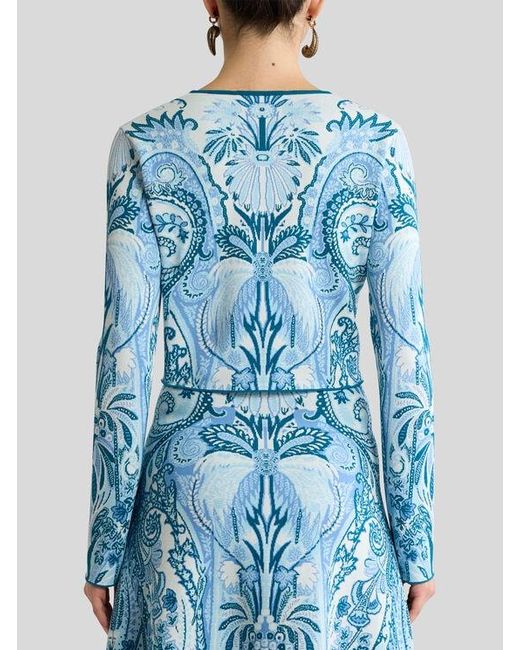 Etro Blue Jacquard Cropped Cardigan With Leafy Paisley Motif