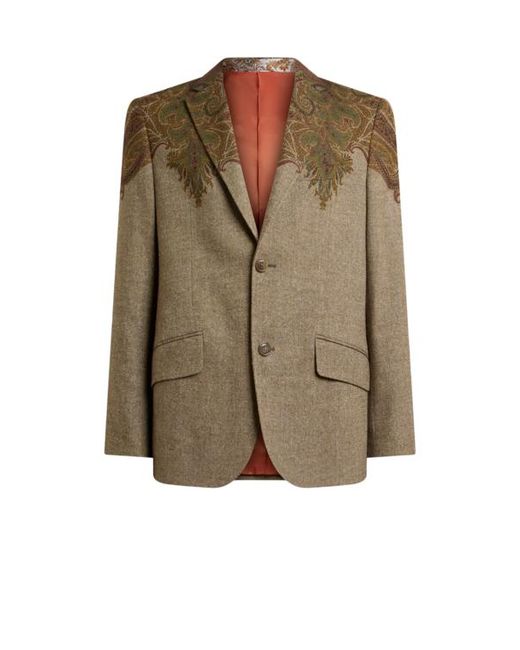 Etro Green Single-Breasted Wool-Blend Jacket With Placed Paisley Pochette Print for men