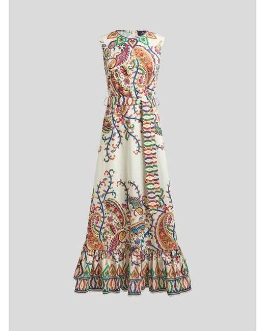 Etro White Long Cotton Dress With Placed Floral Paisley Print