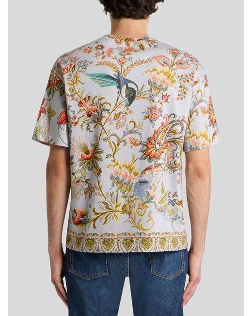 Etro White Cotton T-Shirt With Placed Flora And Fauna Print for men