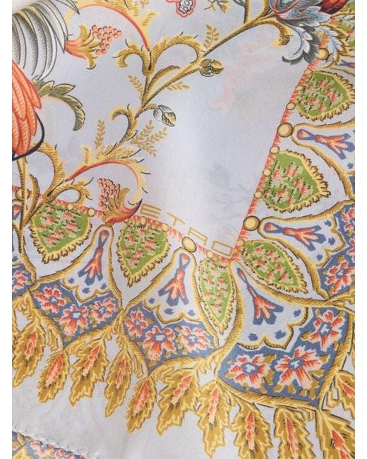 Etro Metallic Silk Pocket Square With Flora And Fauna Motif for men