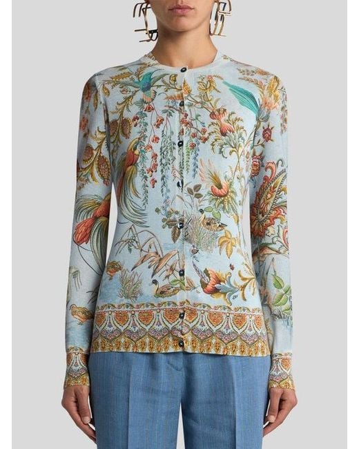 Etro Blue Silk And Cashmere Cardigan With Flora And Fauna Motif