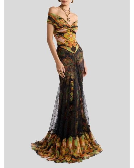 Etro Multicolor Tulle Bodysuit With Open Shoulders And Placed Floral Print