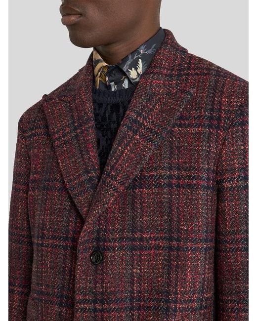 Etro Purple Wool And Cashmere Coat With Check Motif for men