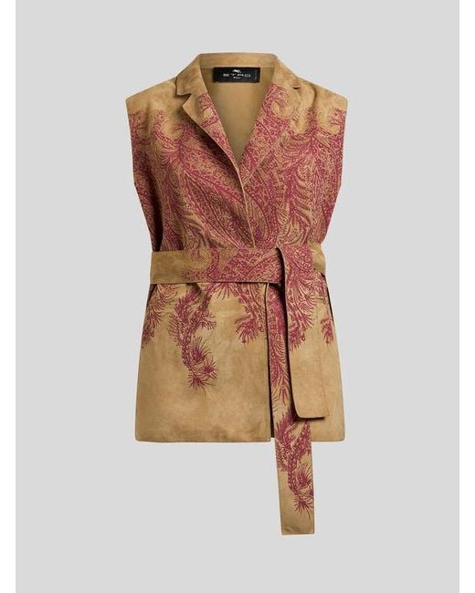 Etro Brown Suede Waistcoat With Placed Print