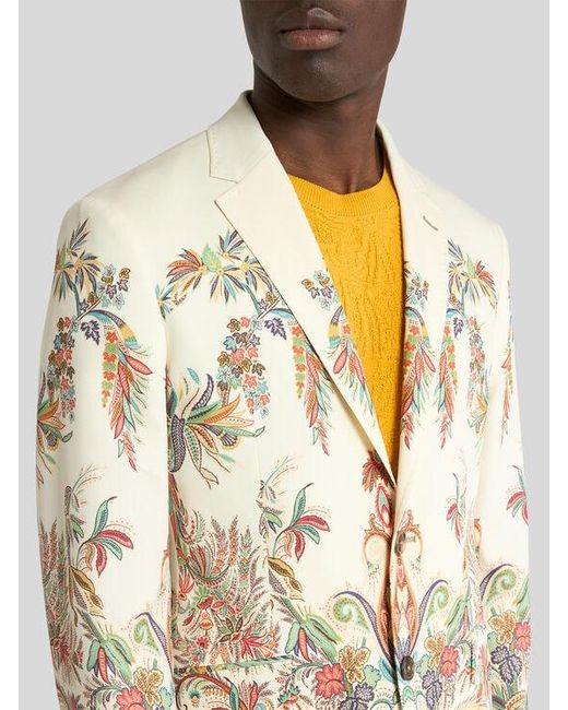 Etro White Single-Breasted Wool Jacket With Placed Floral Print for men