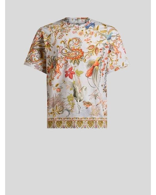 Etro White Cotton T-Shirt With Placed Flora And Fauna Print for men