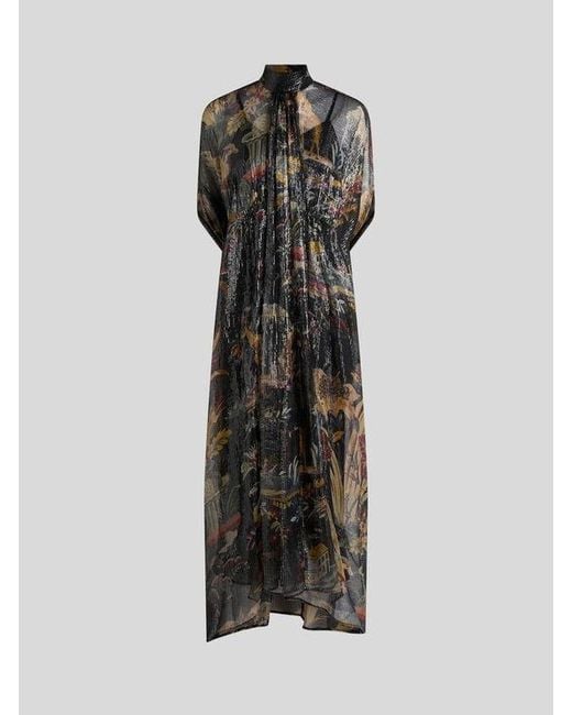 Etro Black Long Silk Dress With Cape Detail And Flower And Animal Motif
