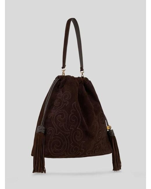 Etro Brown Large Suede Kalispera Bag With Patch And Tassels