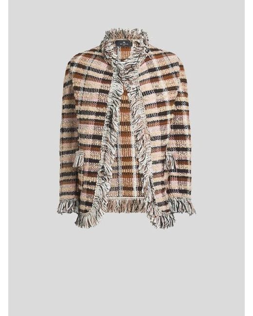 Etro White Wool-Blend Jacquard Jacket With Fringing