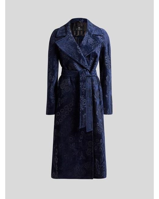 Etro Blue Chenille Jacquard Coat With Belt