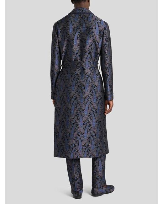 Etro Blue Chenille Jacquard Robe Coat With Metallic Paisley Motif for men