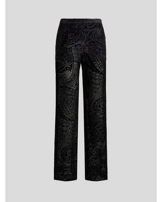 Etro Black Burnout Velvet Palazzo Trousers With Floral Paisley Motif