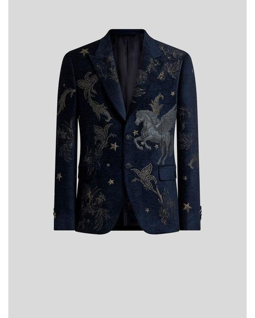 Etro Blue Chenille Jacquard Single-Breasted Jacket With Pegaso Motif for men