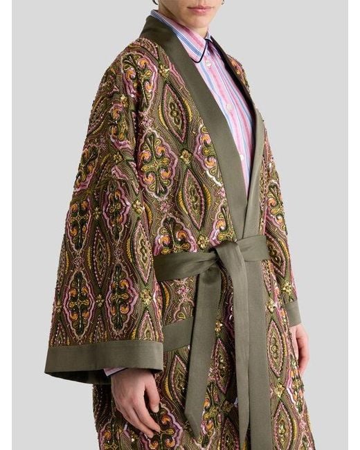 Etro Green Kimono Coat With Beads And Floral Medallion Embroidery