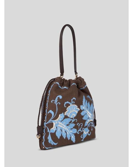 Etro Blue Medium Linen-Blend Kalispera Bag With Embroidery