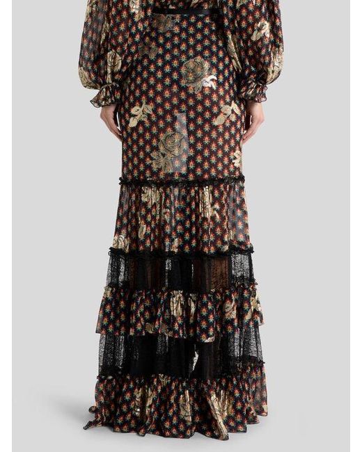 Etro Black Silk And Lace Maxi Skirt With Fil Coupé Roses And Tie-Inspired Motif