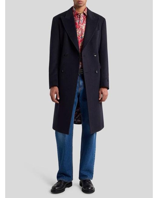 Etro Blue Double-Breasted Cashmere Coat for men