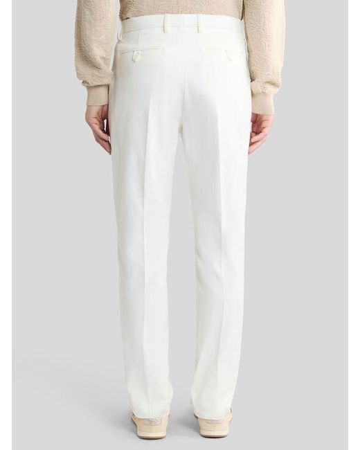 Etro White Stretch Cotton Jacquard Trousers With Floral Motif for men