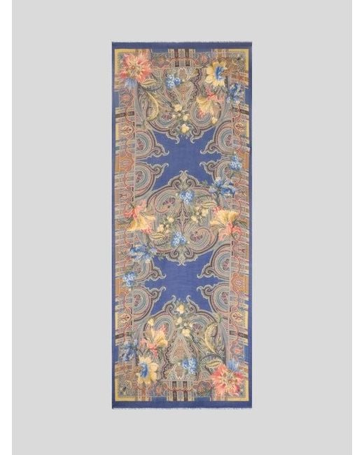 Etro Blue Wool, Cashmere And Silk Scarf With Paisley And Flower Motif