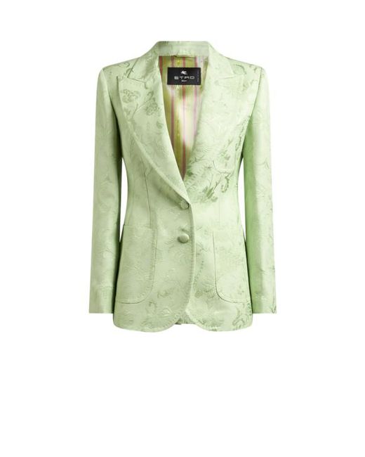 Etro Green Single-Breasted Jacquard Jacket With Floral Motif