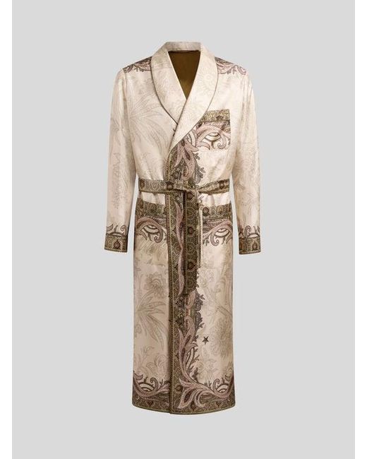 Etro Natural Silk Twill Robe Coat With Placed Pegaso Print And Paisley for men