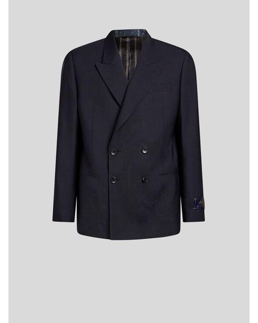 Etro Blue Double-Breasted Jacket With Placed Motif for men