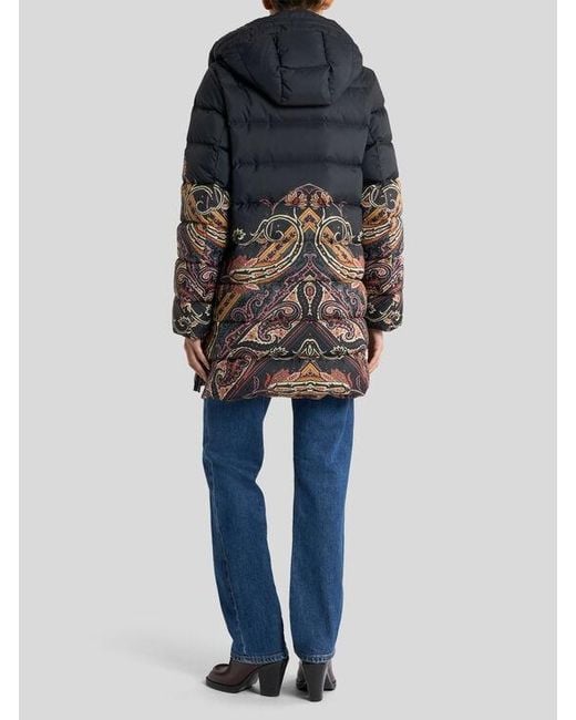 Etro Black Down Jacket With Placed Paisley And Geometric Print