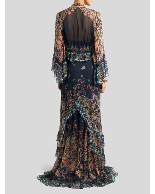 Etro Black Long Silk Dress With Placed Floral Paisley Print