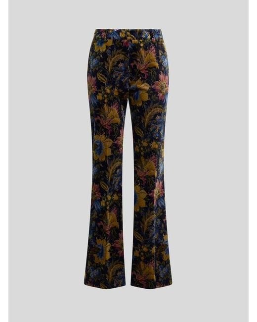 Etro Black Cotton Velvet Trousers With Floral Overprint