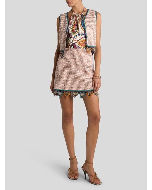 Etro White Cropped Jacquard Waistcoat With Tweed Effect, Fringing And Check Motif