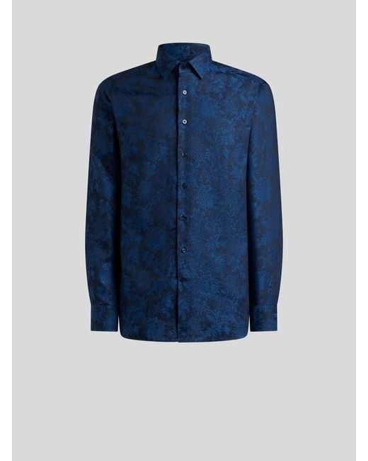 Etro Blue Floral Cotton Jacquard Shirt for men