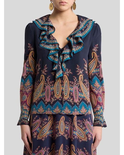 Etro Blue Silk Shirt With Placed Print