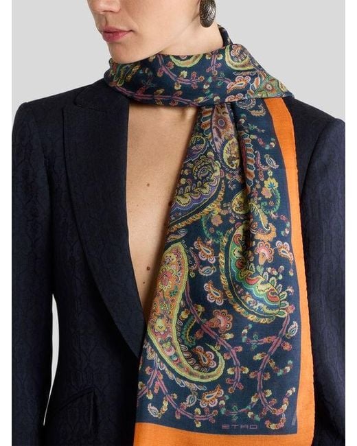 Etro Blue Floral Paisley Cashmere-Blend Scarf