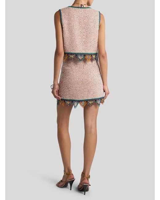Etro White Cropped Jacquard Waistcoat With Tweed Effect, Fringing And Check Motif